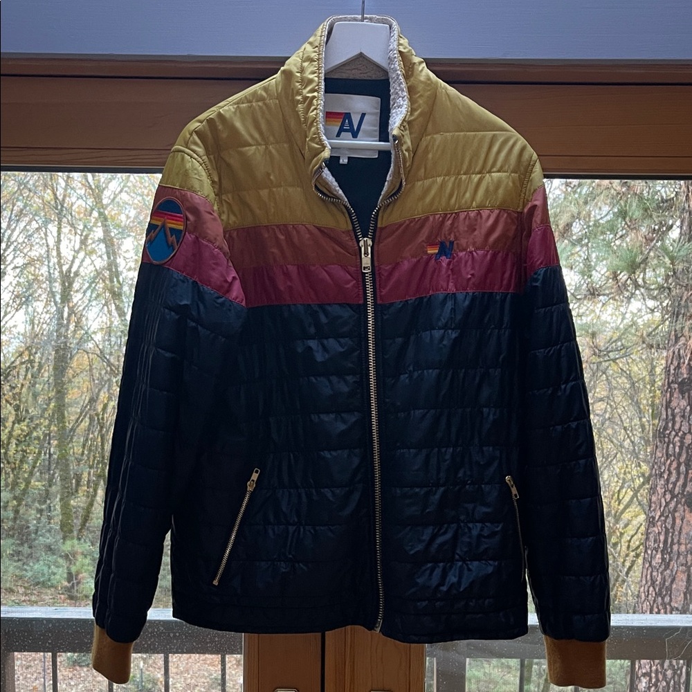 Aviator Nation Black/Gold/Red Vintage Zip Puffer Jacket Men's Large Fur Neck